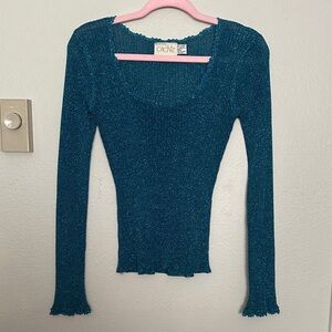Cache Teal Glitter Knit Top Beaded Scoop Neck